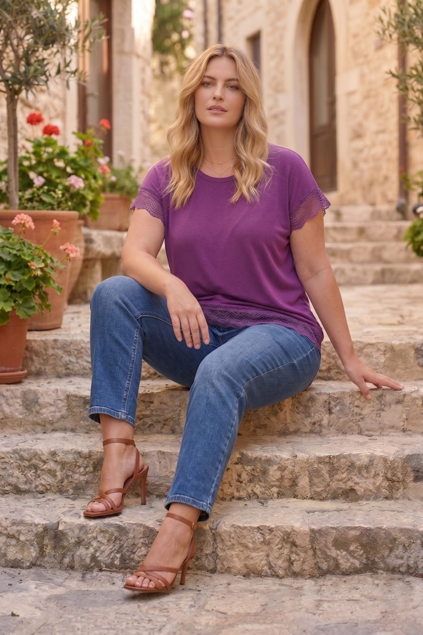 Γυναικεία Μπλούζα Viscose με Λεπτομέρειες Δαντέλας Μοβ-Plus Size
