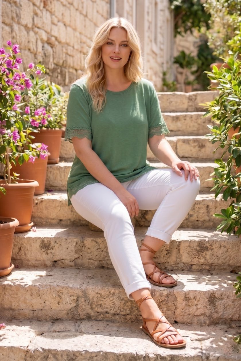 Γυναικεία Μπλούζα Viscose με Λεπτομέρειες Δαντέλας Πράσινη-Plus Size