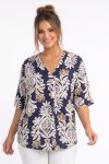 Γυναικεία Loose Μπλούζα  με Εμπριμέ Print & V Λαιμόκοψη – (μπλε, εκρού).