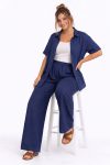 Γυναικείο Σετ Loose Linen Set σε Μπλε – Shirt & Wide Leg Παντελόνα Plus Size