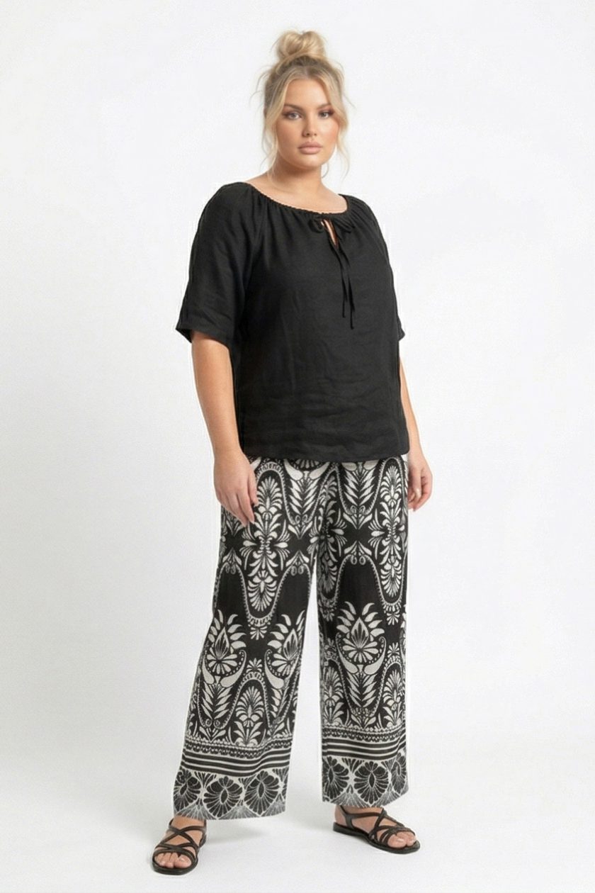 Γυναικείο Σετ Μπλούζα Μαύρη & Παντελόνα  Ethnic Mandala Print (Black & White)- Plus Size