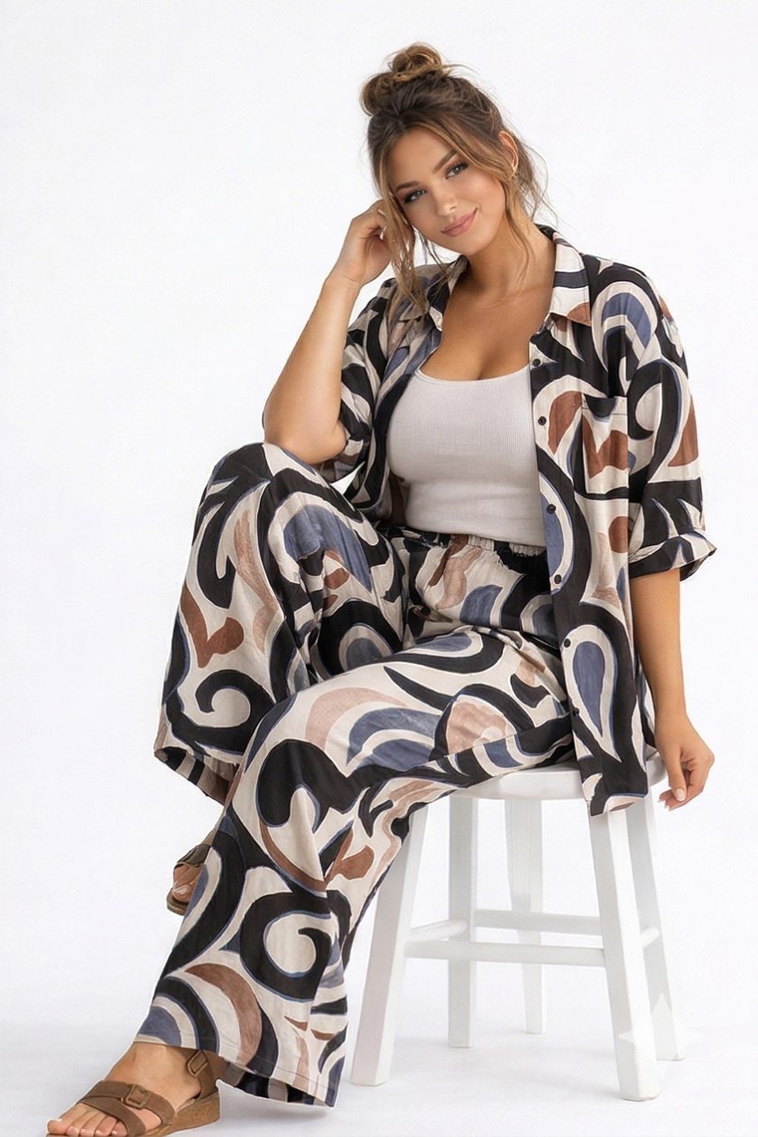 Γυναικείο Summer Co-ord Set: Πουκάμισο & Παντελόνα με Abstract Μοτίβο