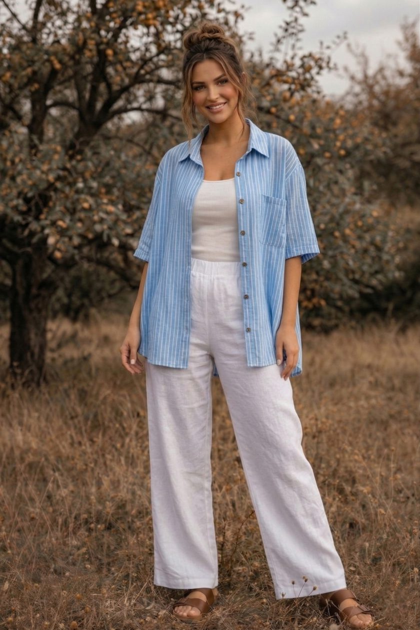Γυναικείο Σετ Loose Linen σε Ριγε– Shirt & Wide Leg΄Λευκή Παντελόνα Plus Size