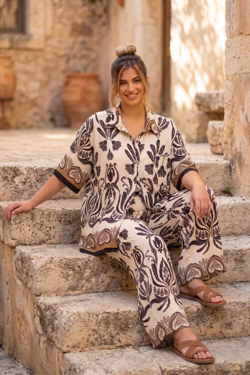 Γυναικείο Boho  Σετ Παντελόνα & Πουκάμισο – Ethnic Print σε Εκρού