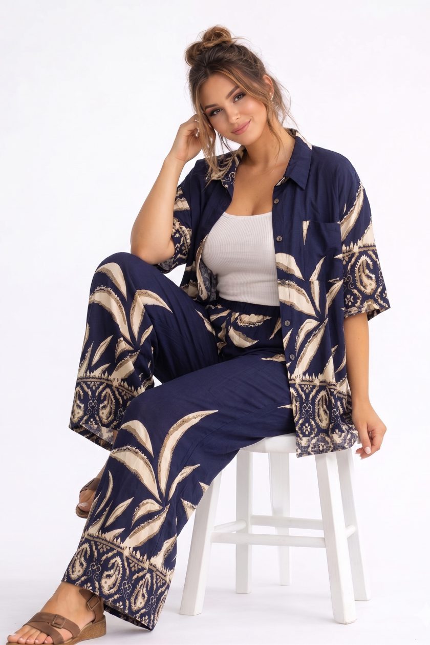 Navy Leaf Printed Co-ord Set | Σετ Παντελόνα & Oversized Πουκάμισο με Ethnic Μοτίβα