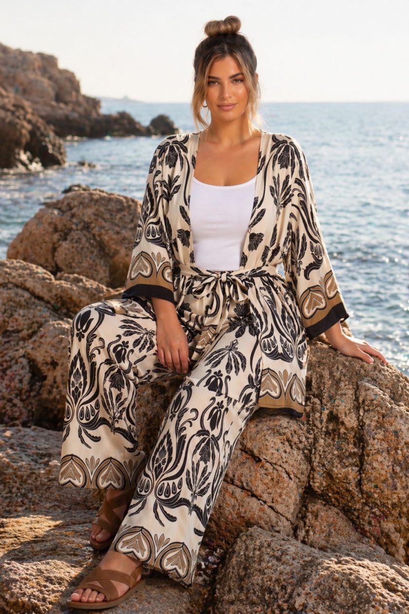 Boho-Chic Σετ Κιμονό & Παντελόνα με Baroque Prints
