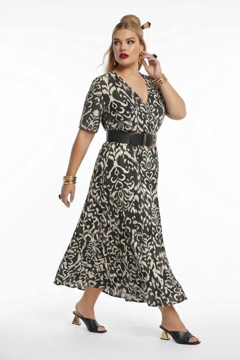 Maxi Φόρεμα με Ασπρόμαυρο Ethnic Print -Plus Size