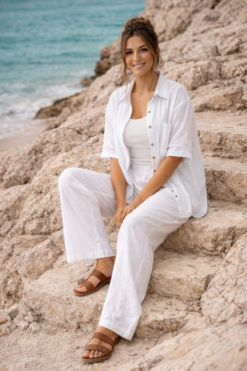 Γυναικεία Παντελόνα Linen-Look με Ελαστική Μέση Λευκό Χρώμα Plus Size