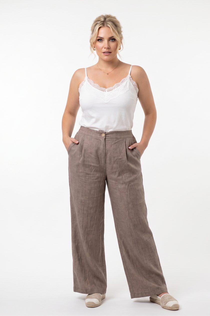 Γυναικείο Oversized Φαρδύ Παντελόνι με τσέπες Πετροπλυμένο Λινό- Καφέ Μοκά