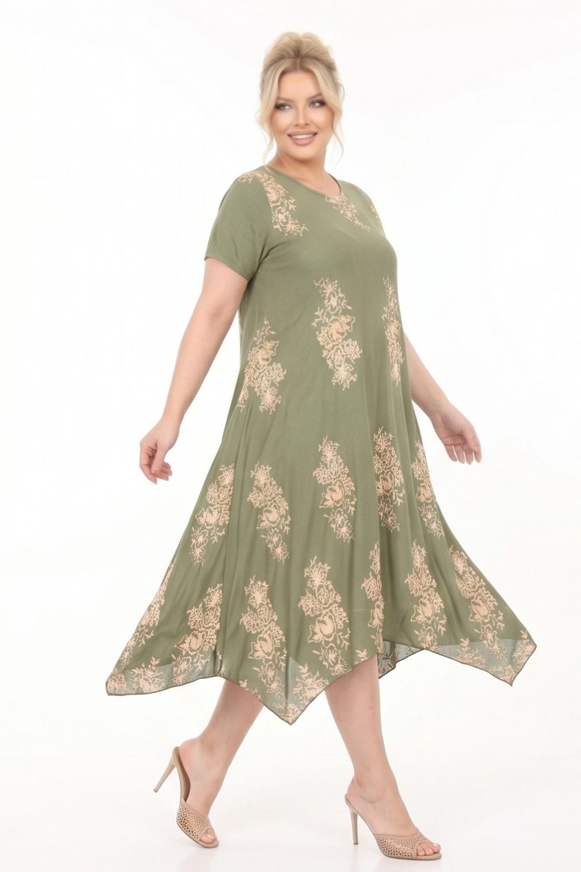 Γυναικείο Midi All-Day Φόρεμα Viscose Πράσινο Floral Τύπωμα  Μπεζ -Plus Size