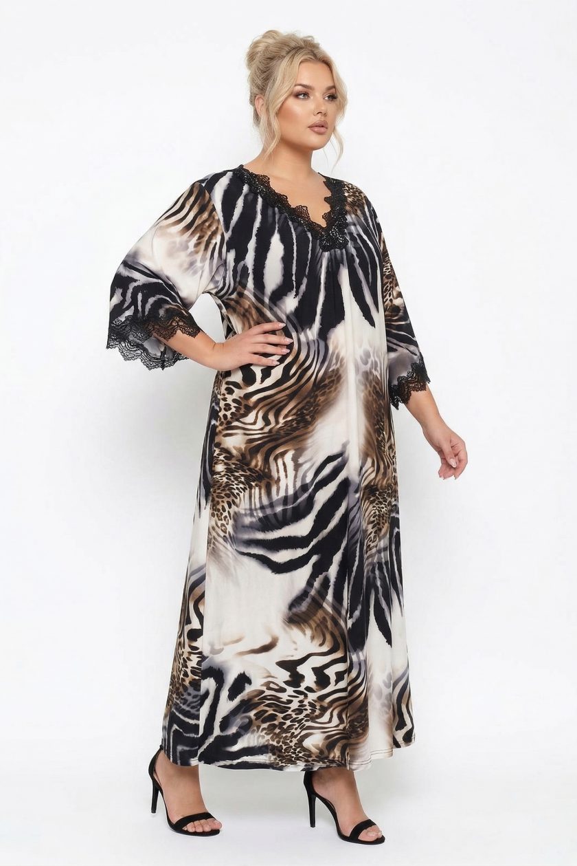 Καφτάνι Maxi με Animal Print Mix & Λεπτομέρειες Δαντέλας-Plus Size