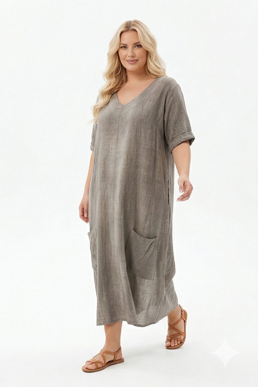 Maxi Φόρεμα από Πετροπλυμένο Λινό & Viscose με Πλαϊνές Τσέπες – Greige/Neutral Grey Plus Size