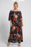 Ρομαντικό Μαύρο Floral Μάξι Φόρεμα Bardot, Εξω 'Ωμοι floral print με κόκκινα και ροζ ρόδα,