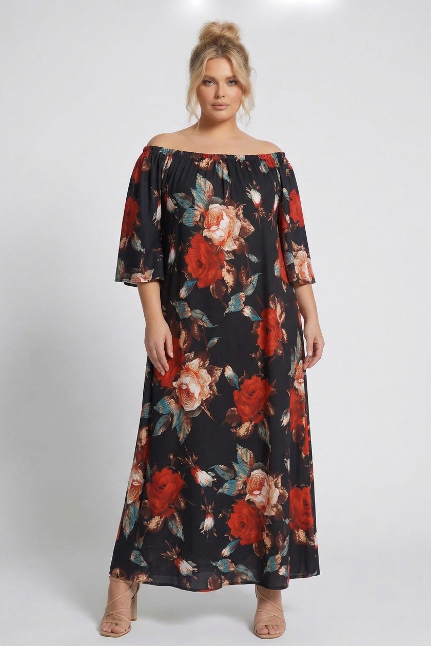 Ρομαντικό Μαύρο Floral Μάξι Φόρεμα Bardot, Εξω 'Ωμοι floral print με κόκκινα και ροζ ρόδα,