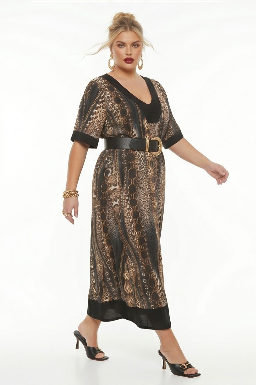 Maxi Φόρεμα με Animal Print & Chain Λεπτομέρειες
