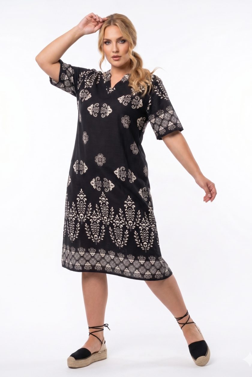 Γυναικείο Midi Φόρεμα «boho-chic» με λευκά λαχούρια και γεωμετρικά μοτίβα πάνω στο μαύρο