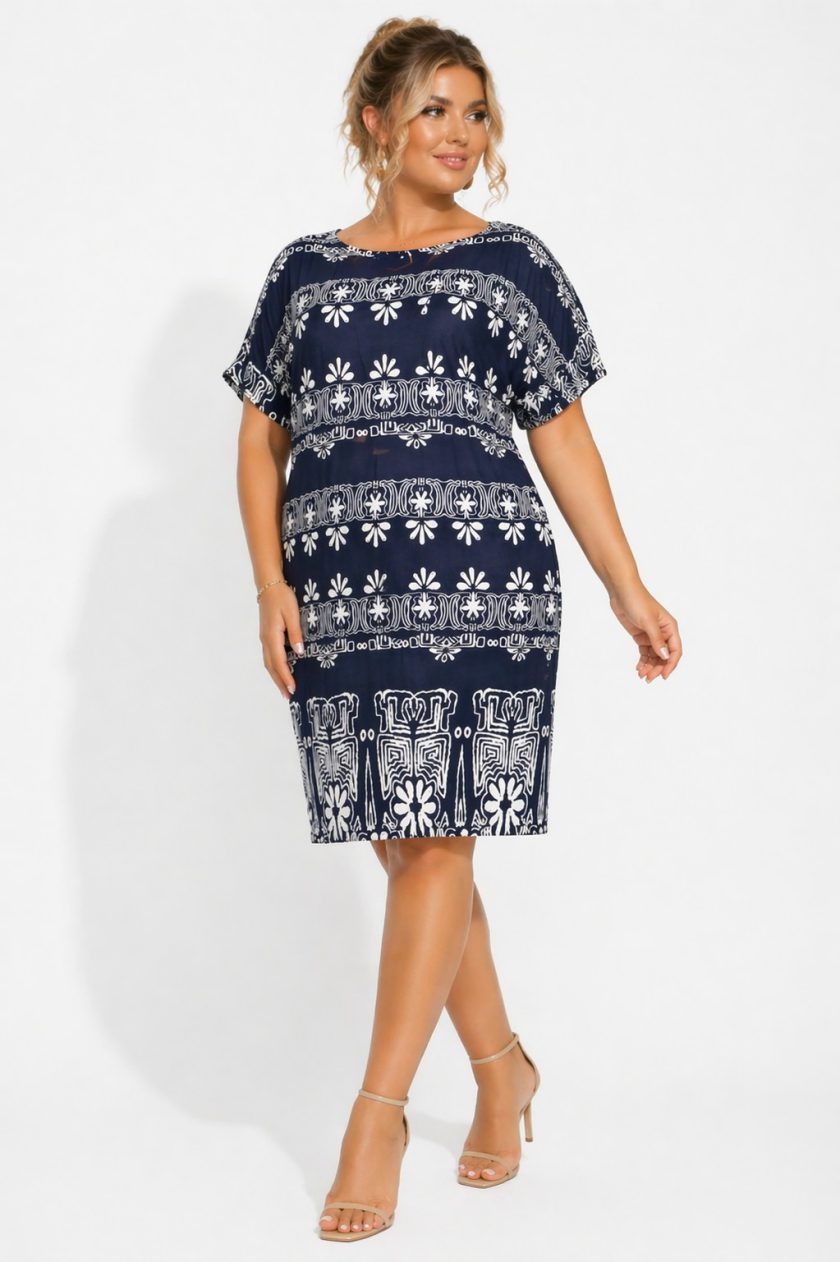 Γυναικείο Midi Φόρεμα «boho-chic» με λευκά λαχούρια και γεωμετρικά μοτίβα πάνω στο Μπλε