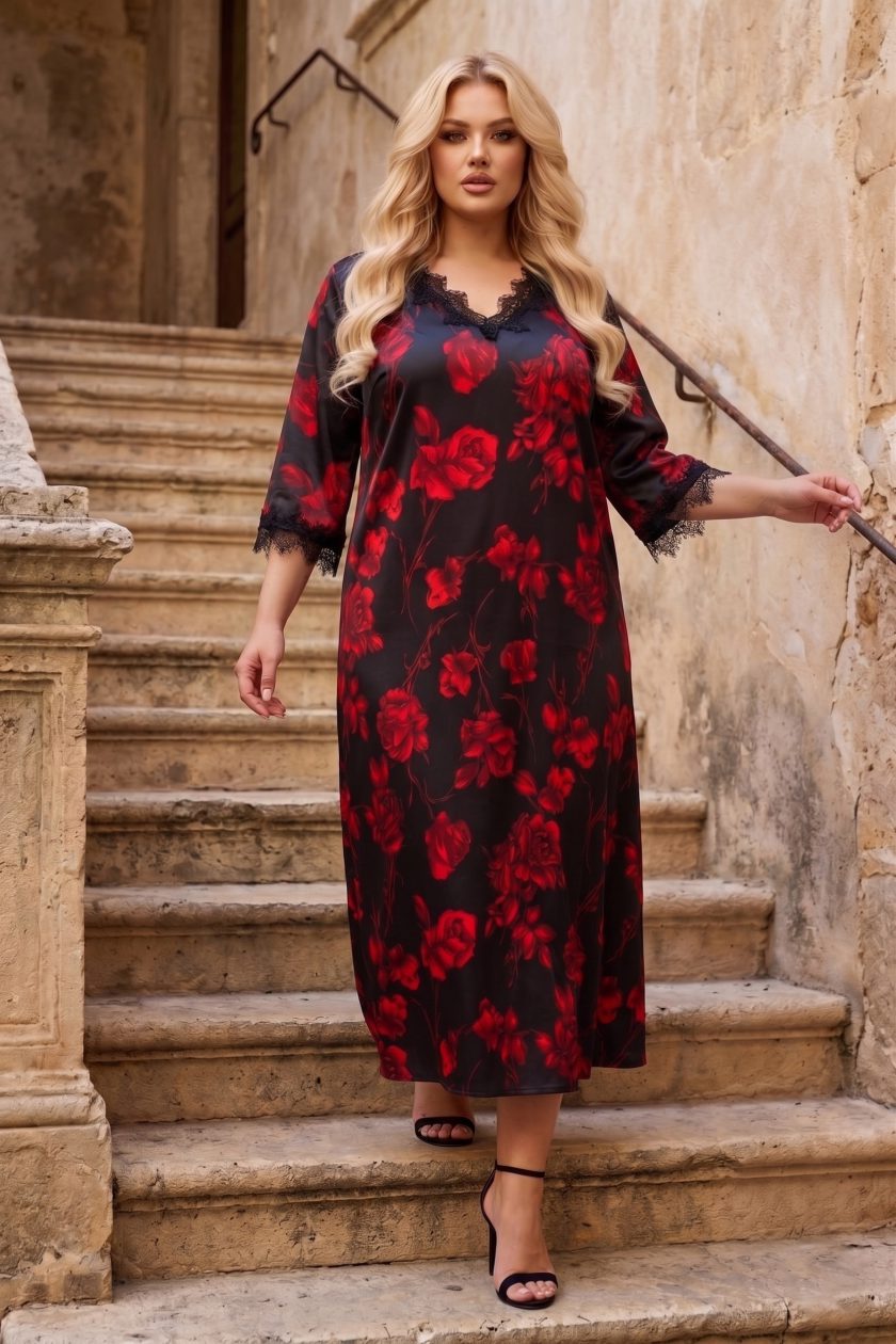 Maxi Φόρεμα Καφτάνι με V-Λαιμόκοψη και Δαντέλα Μαύρο/Κόκκινο Μοτίβο Τριαντάφυλλα Floral