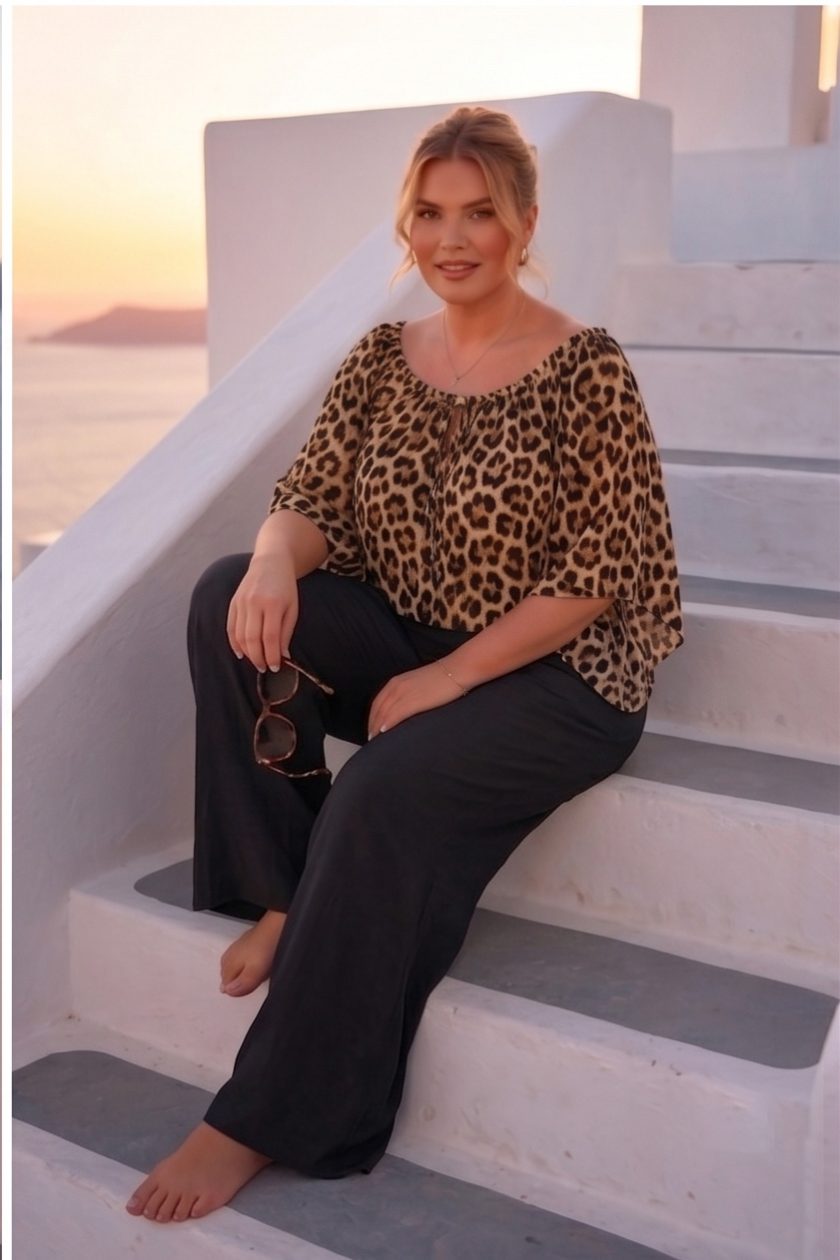 Γυναικείο Σετ Viscose Blouse Print & Linen-Rayon Wide-Leg Pants Set 