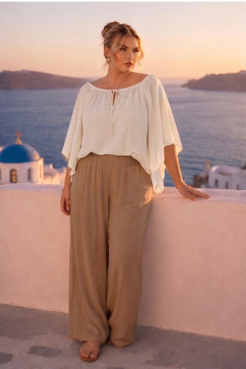 Γυναικείο Σετ Εκρού off shoulder Μπλούζα και μπεζ παντελόνα