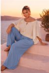 Γυναικείο Σετ Εκρού off shoulder Μπλούζα και Σιέλ παντελόνα