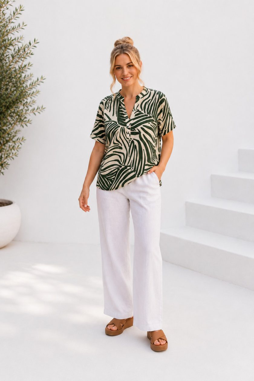Γυναικεία Μπλούζα V-Neck Αφηρημένο Print – Πράσινο & Εκρού Αποχρώσεις