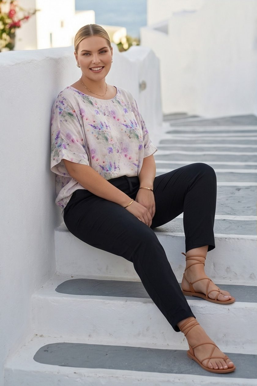 Oversized Floral Μπλούζα Βισκόζη με Λιλά & Ροζ Αγριολούλουδα – Ανάλαφρο Καλοκαιρινό 
