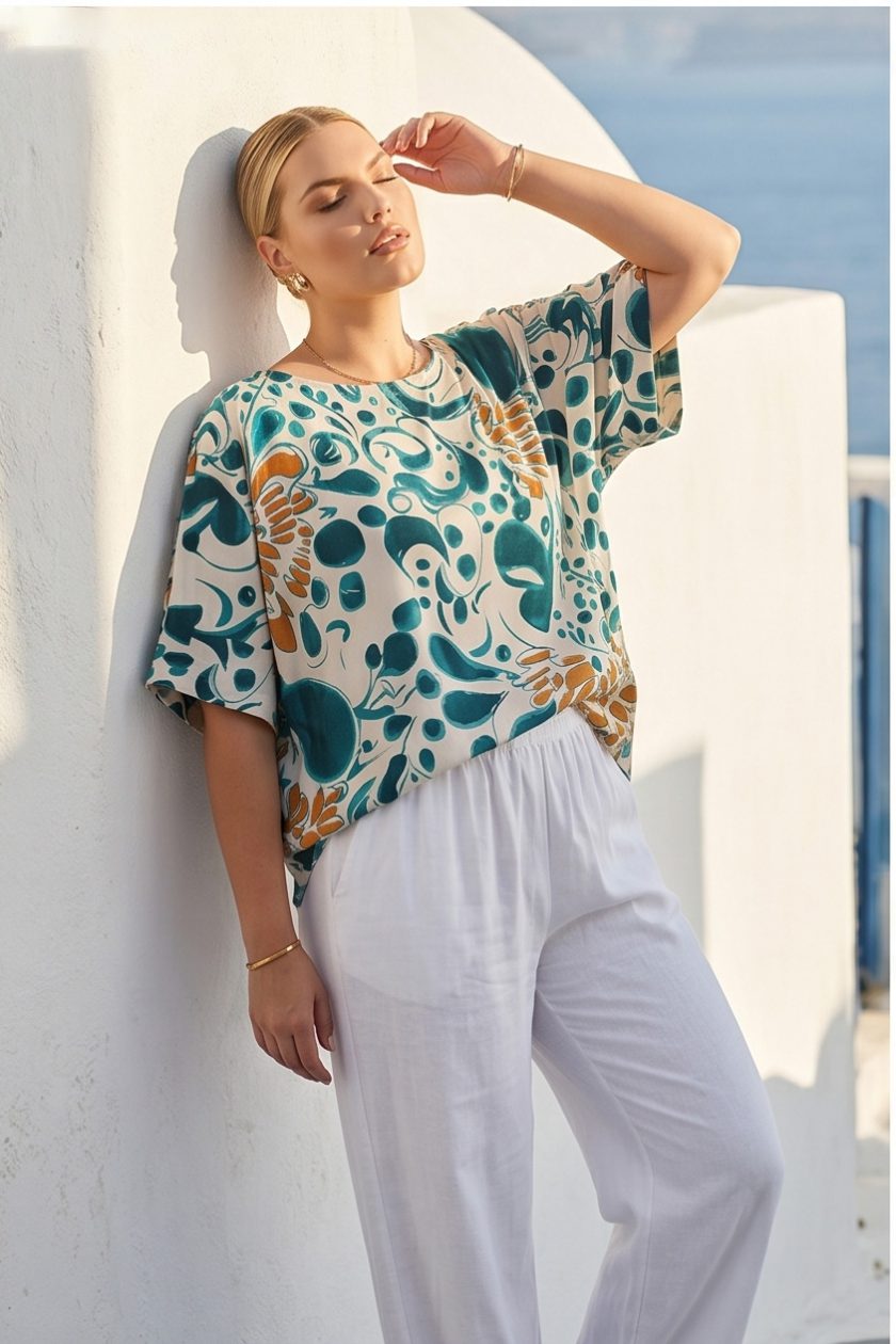 Oversized Εμπριμέ Μπλούζα Βισκόζη με exclusive pattern σε αποχρώσεις του πετρόλ και του μουσταρδί –  Καλοκαιρινή 