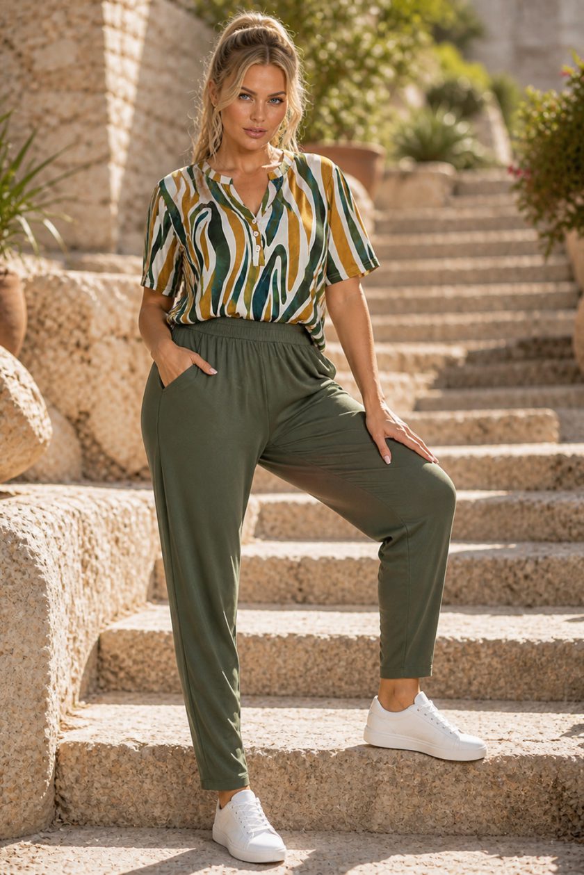 γυναικείο χακι παντελόνι βισκόζης plus size με λάστιχο”