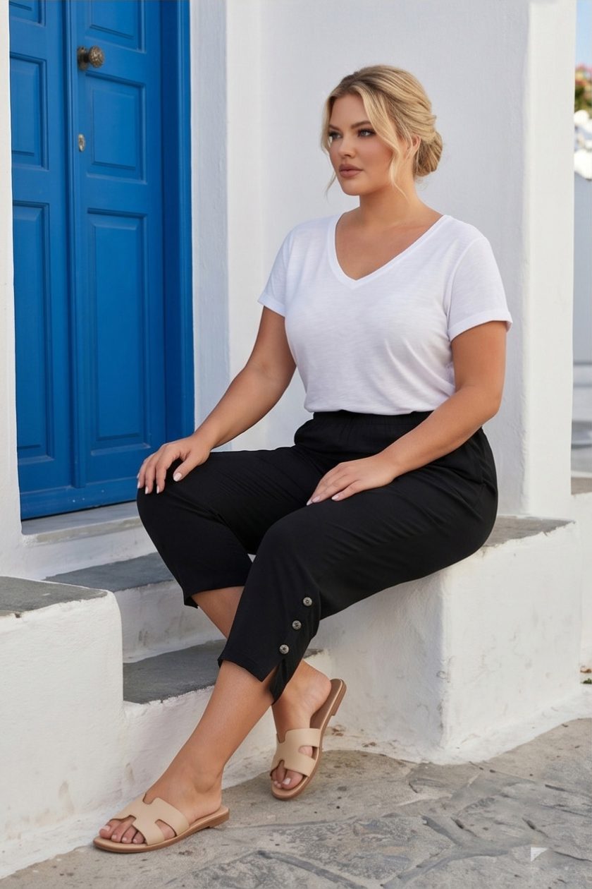 Γυναικείο Viscose Capri Culotte Παντελόνι Μαύρο με τσέπες και Κουμπιά Διακοσμητικά Viscose Plus Size