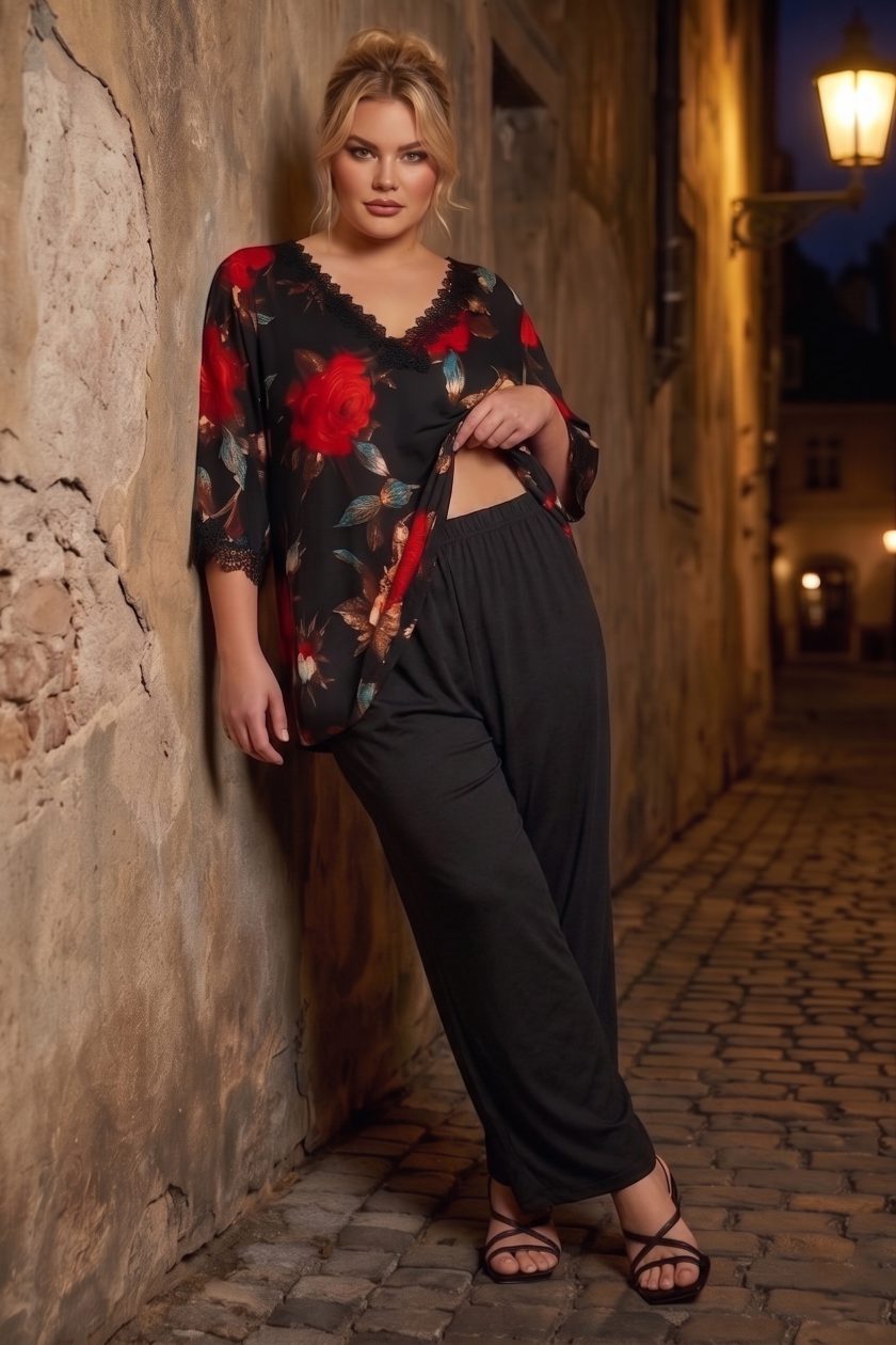 Plus-Size Σετ με Λεπτομέρειες Δαντέλας Floral Μπλούζα & Παντελόνα μαύρη – Black & Red Rose