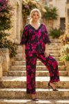 Floral -Touch Set: Loose Blouse με Λεπτομέρειες Δαντέλας & High-Waist Παντελόνα – Fuchsia Garden