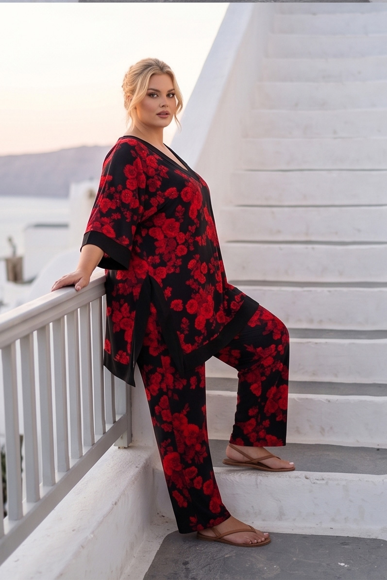 Γυναικείο Σετ Παντελόνα & Μπλούζα με Floral Print – Ζέρσεϊ (Jersey) Ύφασμα – Μαύρο με Κόκκινα Τριαντάφυλλα
