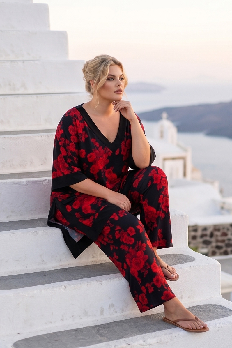 Γυναικείο Σετ Παντελόνα & Μπλούζα με Floral Print – Ζέρσεϊ (Jersey) Ύφασμα – Μαύρο με Κόκκινα Τριαντάφυλλα