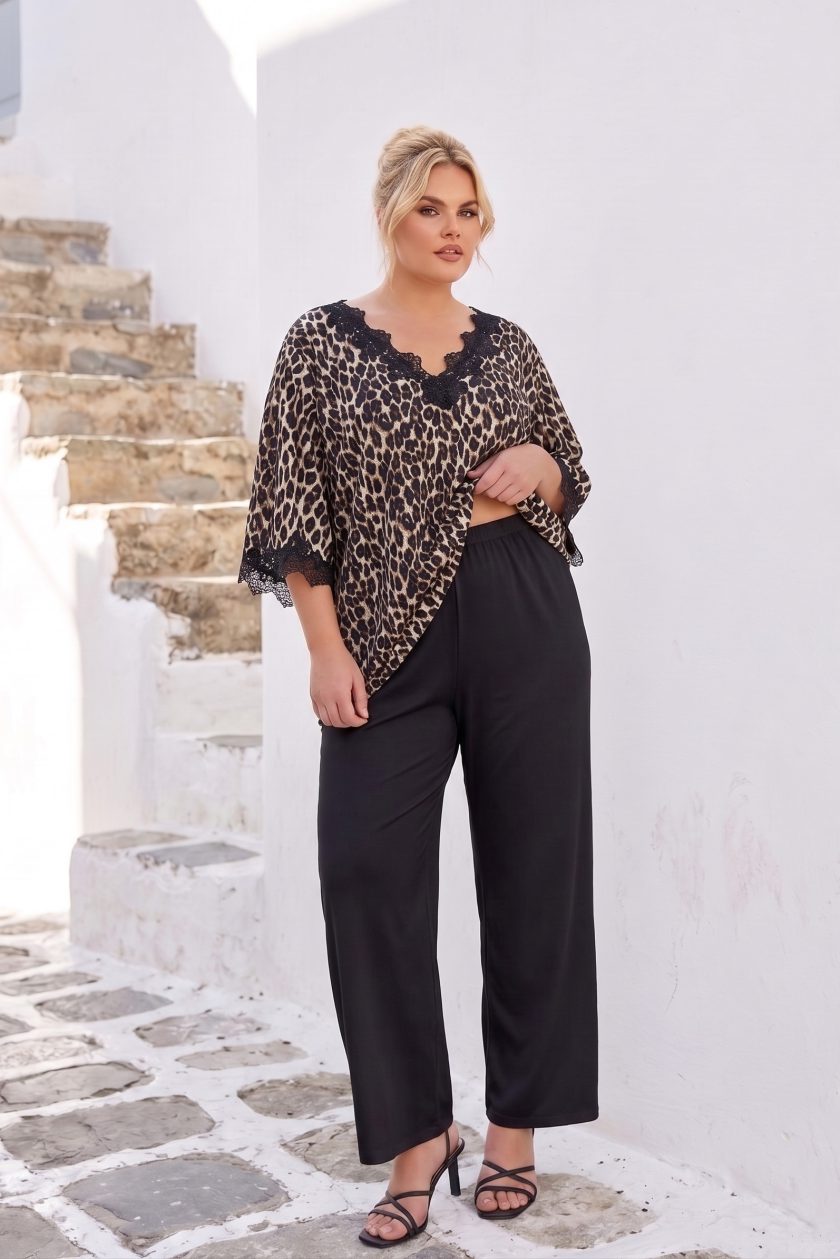 Plus Size Leopard Set: Oversized Τουνίκ με Δαντέλα & Loose Παντελόνα