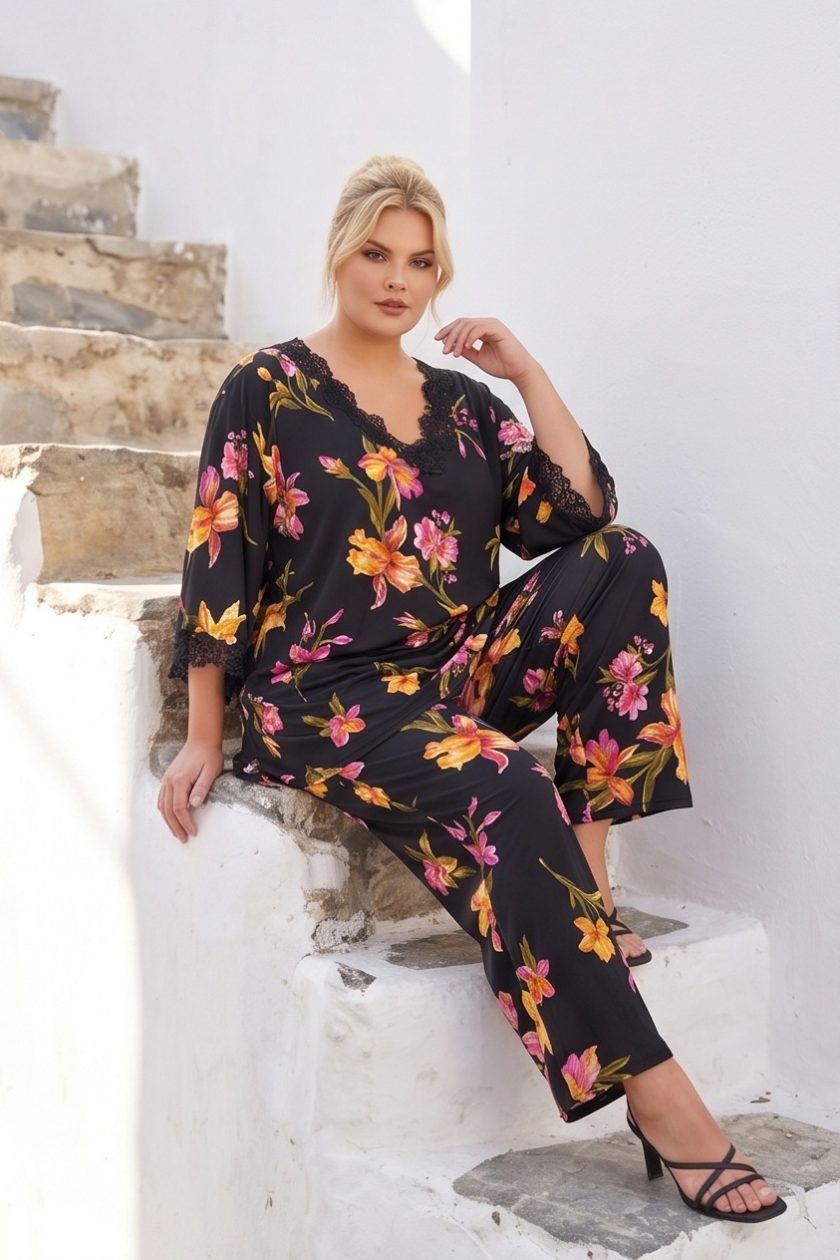 Γυναικεία σετ ρούχων για έξοδο Floral σύνολα με παντελόνα Ρούχα από μαγιόπανο ατσαλάκωτα Βραδινά σετ με δαντέλα Ελαστικά σετ δύο τεμαχίων