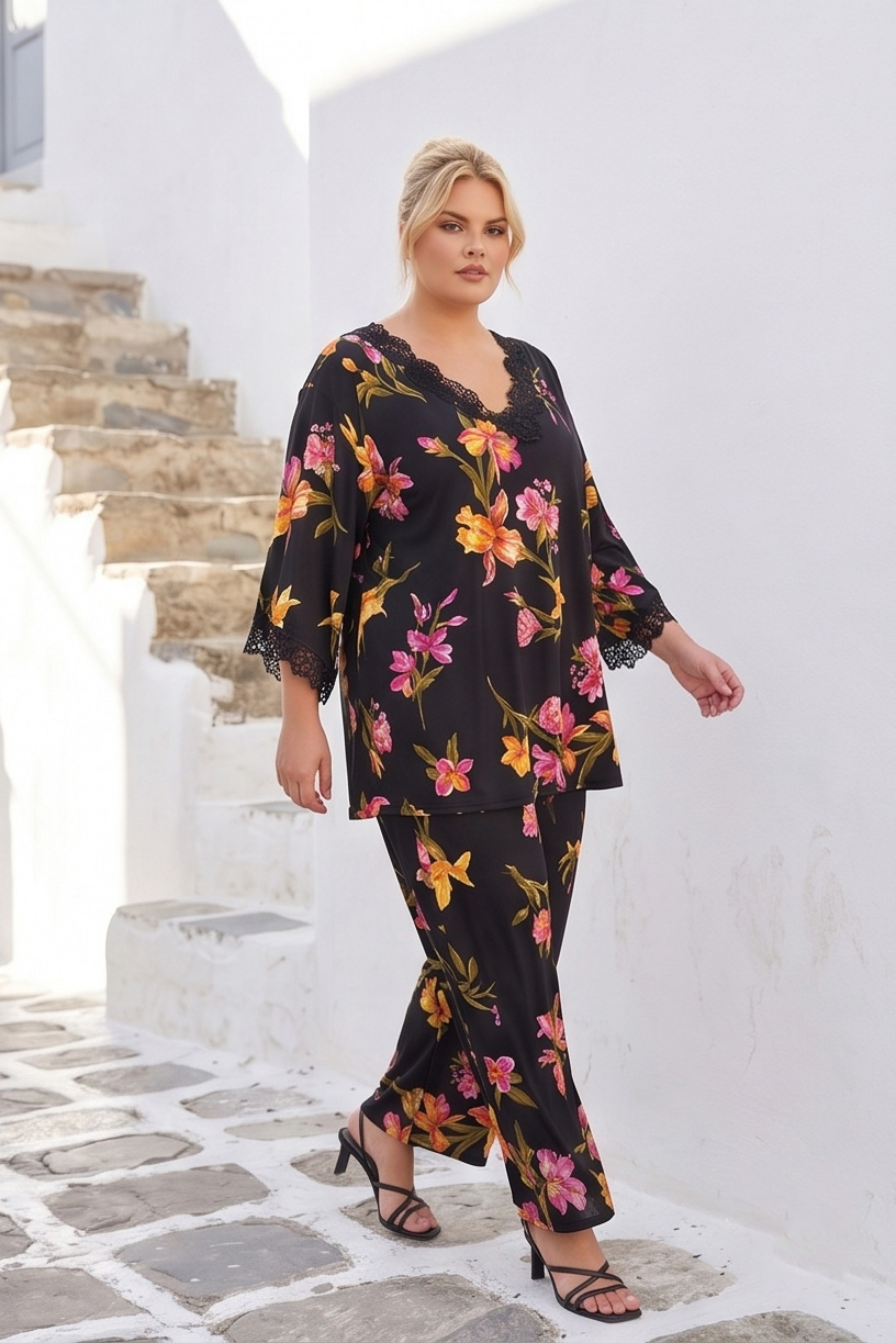Γυναικεία σετ ρούχων για έξοδο Floral σύνολα με παντελόνα Ρούχα από μαγιόπανο ατσαλάκωτα Βραδινά σετ με δαντέλα Ελαστικά σετ δύο τεμαχίων