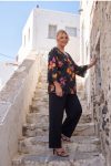 Plus Size Floral Set με V Λαιμόκοψη και Λεπτομέρειες Δαντέλας – Black/Floral