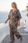 Set Tropical Crossover: Oversized Μπλούζα με V-Λαιμόκοψη & Ίσια Παντελόνα (Μπεζ/Μαύρο)