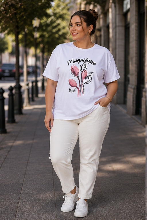 Γυναικείο Βαμβακερό T-shirt “Magnifique” με τύπωμα λουλούδια Λευκό– Plus Size