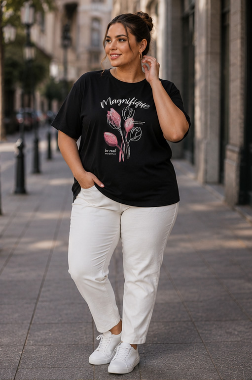 Γυναικείο Βαμβακερό T-shirt “Magnifique” με τύπωμα λουλούδια Μαυρο– Plus Size