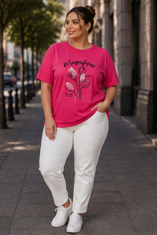Γυναικείο Βαμβακερό T-shirt “Magnifique” με τύπωμα λουλούδια Ροζ– Plus Size