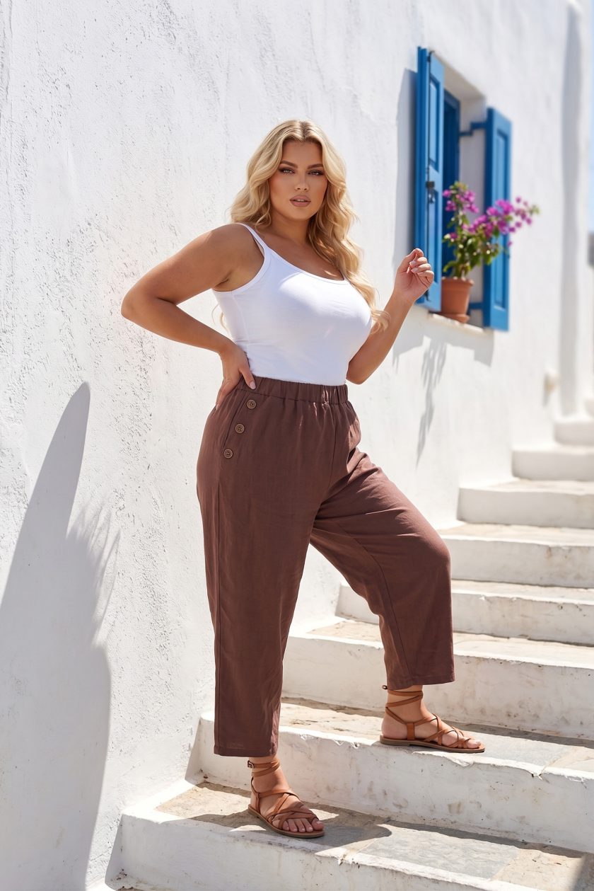 Boho Chic Παντελόνι Καφέ με Τσέπες και Διακοσμητικά Κουμπιά Tequila
