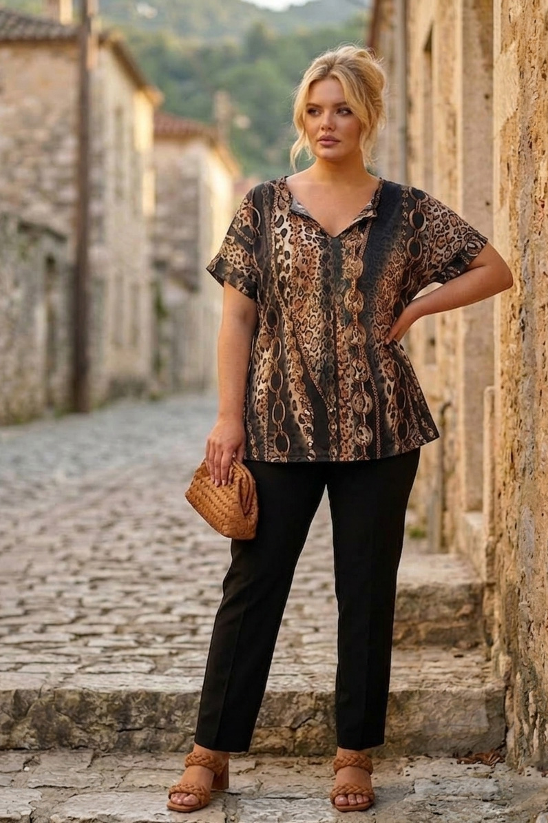 Γυναικεία Loose Μπλούζα Leopard & Chain Print – Plus Size -Plus Size