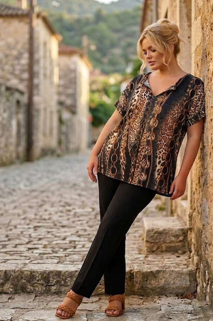Γυναικεία Loose Μπλούζα Leopard & Chain Print – Plus Size -Plus Size