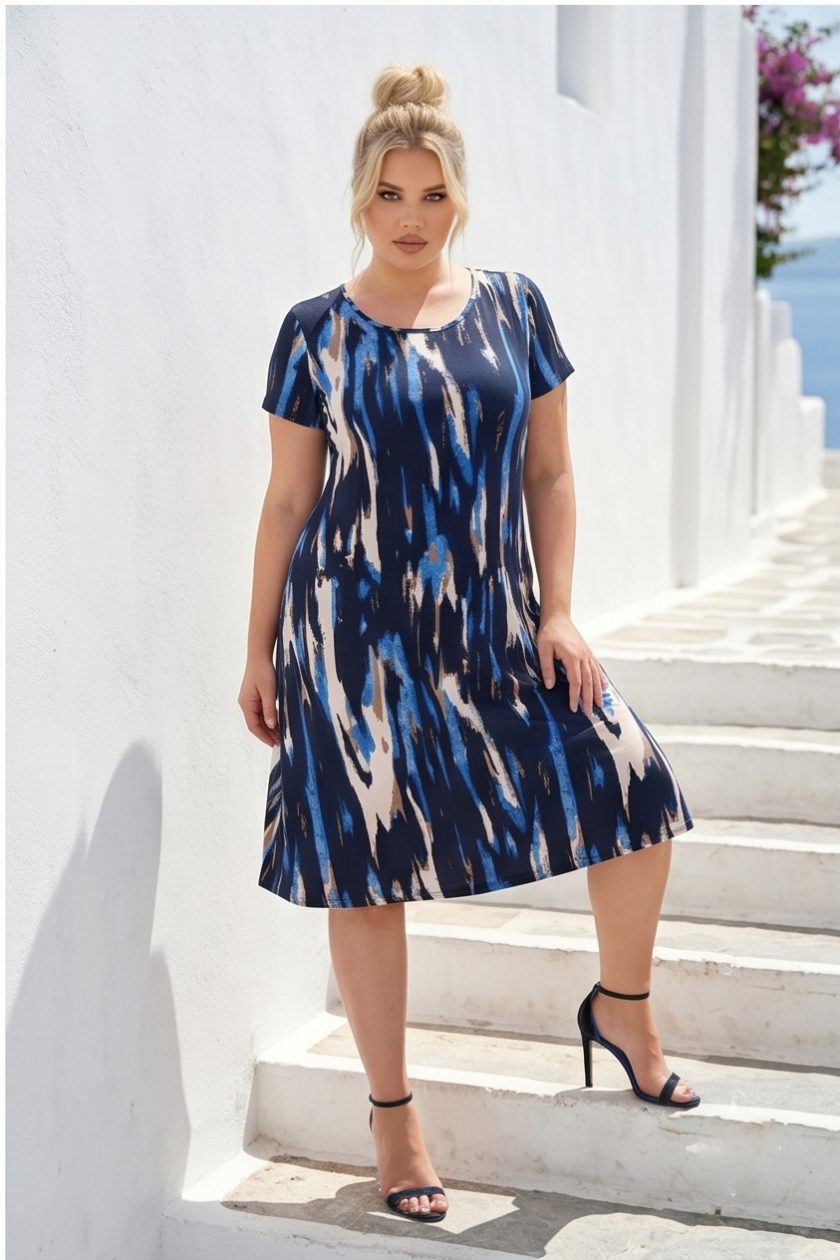 Midi Καλοκαιρινό Φόρεμα Viscose με Abstract Print Μπλε
