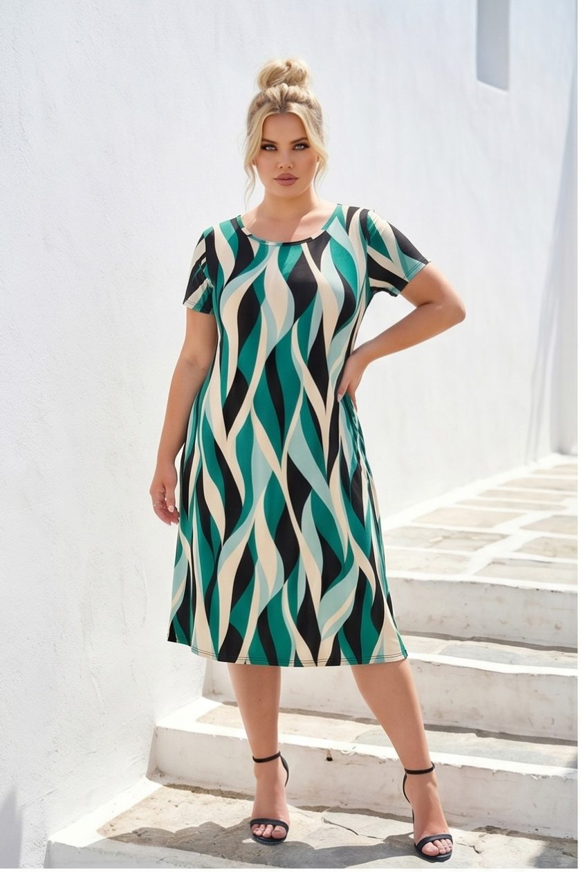Midi Καλοκαιρινό Φόρεμα Viscose με Abstract Print Πράσινο