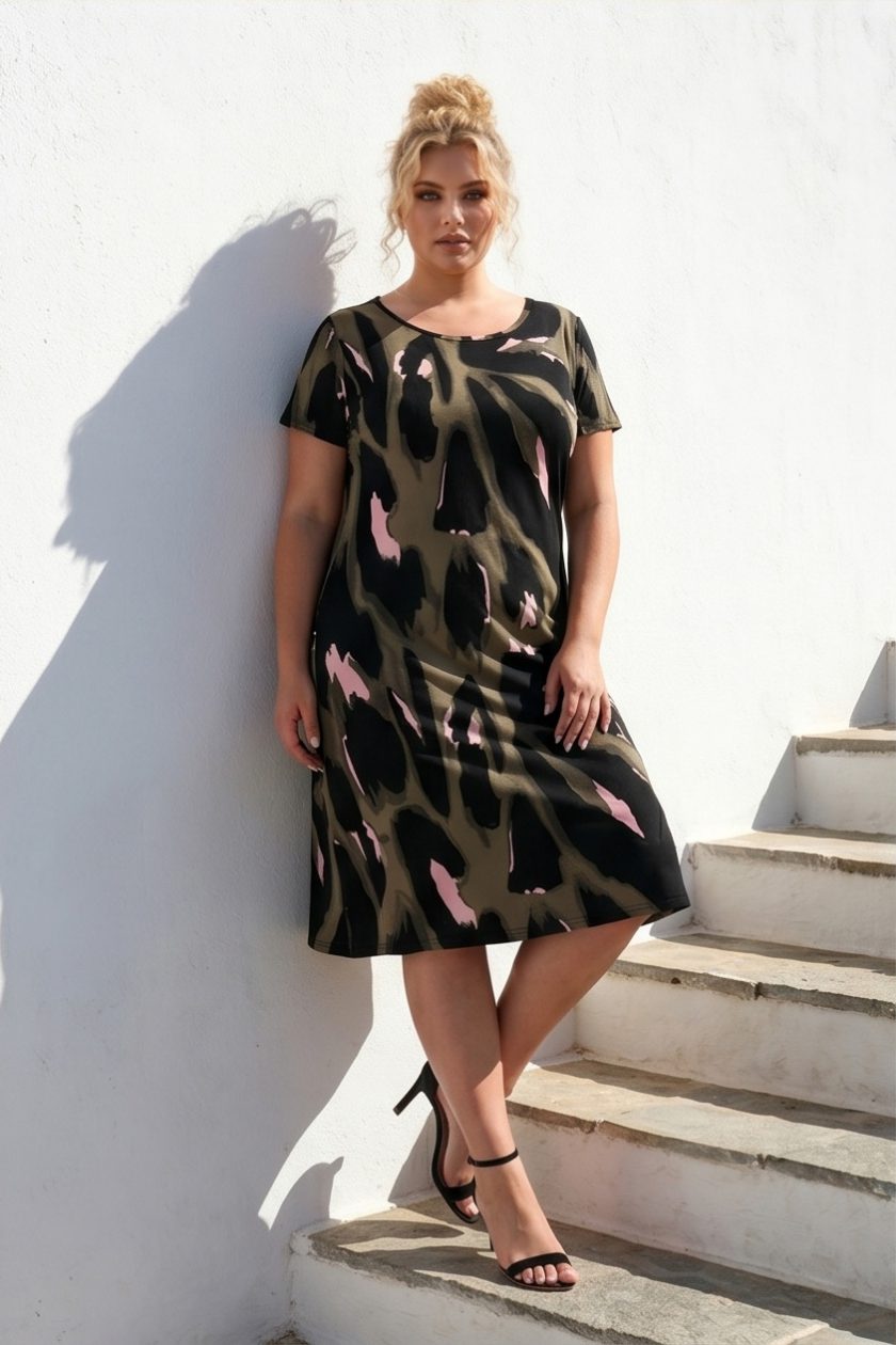 Midi Καλοκαιρινό Midi Φόρεμα Viscose Animal Print Χακί