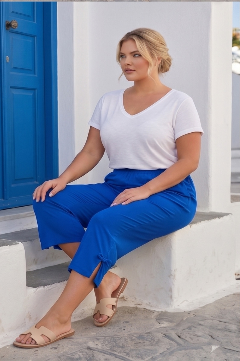 Γυναικείο Plus Size Capri Παντελόνα jersey Μπλε Ρουά με διακοσμητικό φιόγκο Πλάι Plus Size