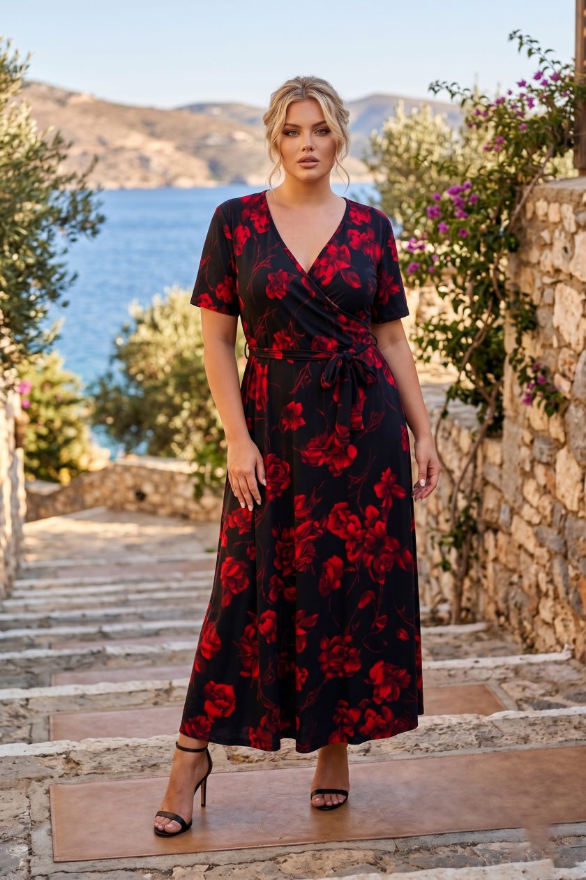 Midnight Rose Maxi Dress – Κρουαζέ Φόρεμα με Floral Print & Ζώνη